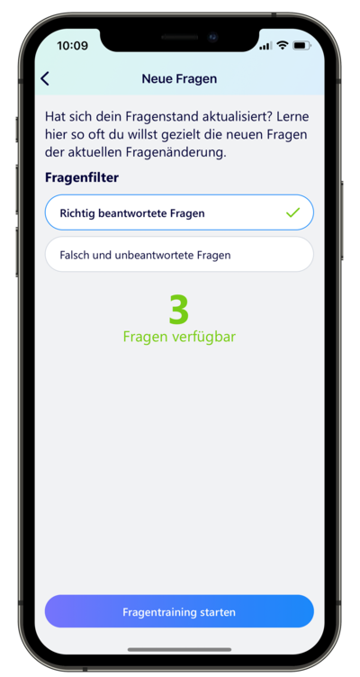 Smartphone im Hochformat zeigt die Aktualisierung des Fragenstandes in Fahren Lernen Max